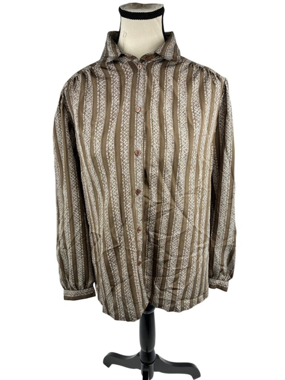 Vintage Tan Jay Blouse Womens Size 14 Brown White Striped Long Sleeve Button Up